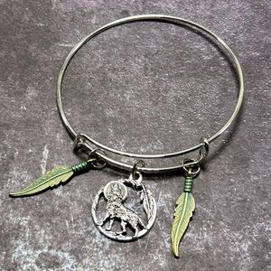Handmade Bangle Bracelet with Wolf Pendant & Feather Charms